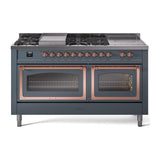 ILVE UN60FSNMPBGPLP Nostalgie II Noblesse 60 inch Dual Fuel Range (7 Sealed Burners + Griddle + French Top, Liquid Propane, Triple Glass Door, Blue Grey, Copper)