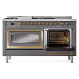 ILVE UN60FSNMPMGG Nostalgie II Noblesse 60 inch Dual Fuel Range (7 Sealed Burners + Griddle + French Top, Natural Gas, Triple Glass Door, Graphite Matte, Brass)