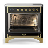 ILVE UMIB36NR3BKG Majestic III 36 inch Induction Range with 6 Elements, 3.5 cu. ft. Total Oven Capacity (Triple Glass Door, Glossy Black, Brass)