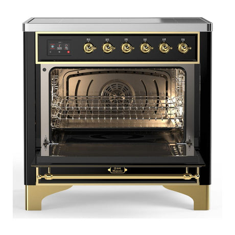 ILVE UMIB36NR3BKG Majestic III 36 inch Induction Range with 6 Elements, 3.5 cu. ft. Total Oven Capacity (Triple Glass Door, Glossy Black, Brass)