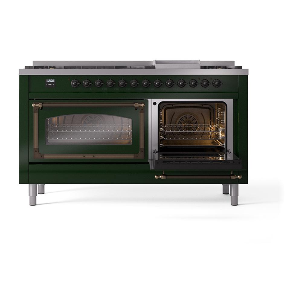 ILVE UN60FNMPEGB Nostalgie II Noblesse 60 inch Dual Fuel Range (9 Sealed Burners + Griddle, Natural Gas, Triple Glass Door, Emerald Green, Burnished)