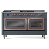 ILVE UN60FSNMPBGPLP Nostalgie II Noblesse 60 inch Dual Fuel Range (7 Sealed Burners + Griddle + French Top, Liquid Propane, Triple Glass Door, Blue Grey, Copper)