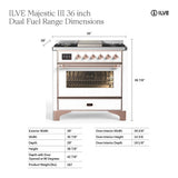 ILVE UM36FNR3BGBLP Majestic III 36 inch Dual Fuel Range with 6 Black Brass Burners and Griddle, Dual Function Burner up to 25,000 BTU (Triple Glass Door, Blue Grey, Burnished, Liquid Propane)