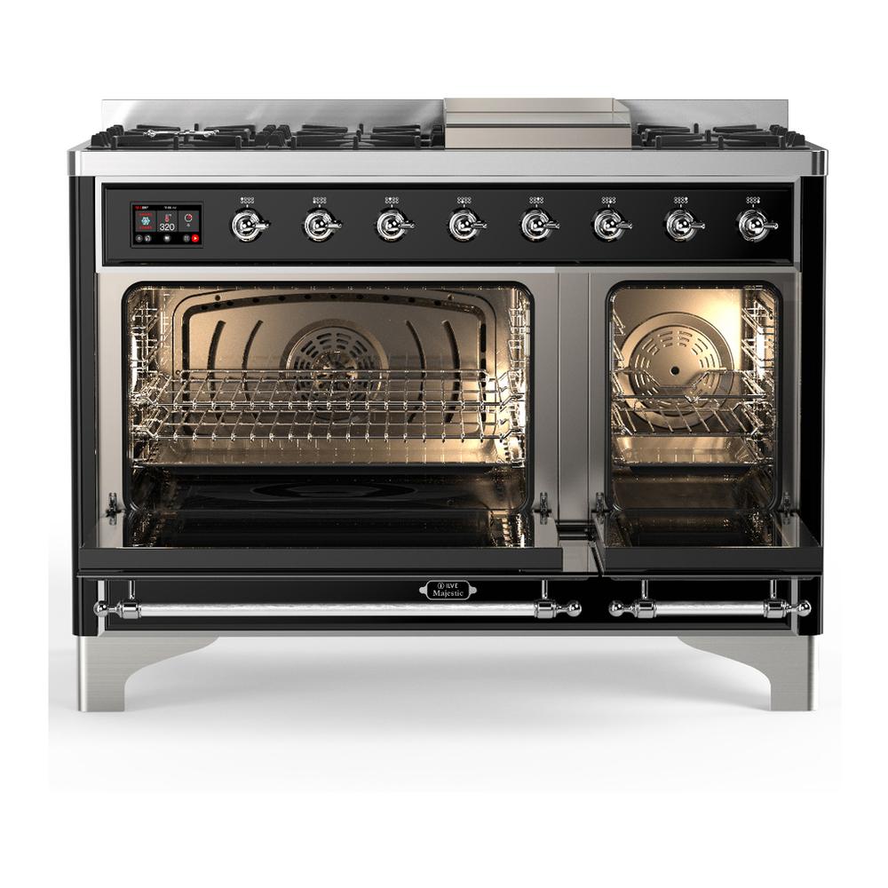 ILVE UM48FQNR3BKCLP Majestic III 48 inch Dual Fuel Range with 8 Burners and Griddle, Dual Function Burner up to 25,000 BTU (Liquid Propane, Solid Door, Glossy Black, Chrome)