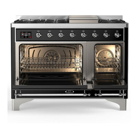ILVE UM48FQNR3BKCLP Majestic III 48 inch Dual Fuel Range with 8 Burners and Griddle, Dual Function Burner up to 25,000 BTU (Liquid Propane, Solid Door, Glossy Black, Chrome)