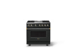 36"W. Dual Fuel Range (Burner: 4g, Finish: Antique Bronze, Trim: Brushed Brass, Fuel: Natural Gas)