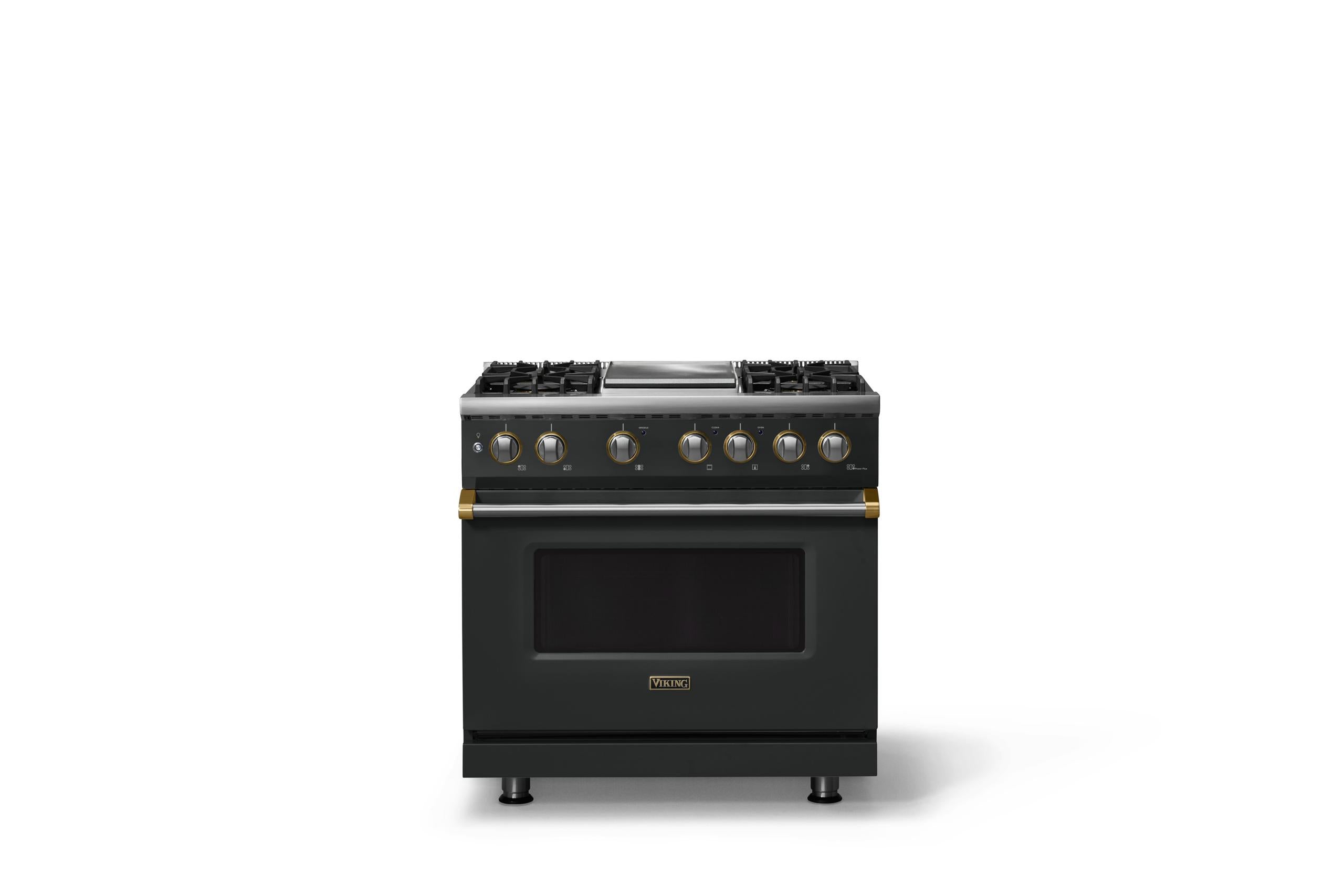 36"W. Dual Fuel Range (Burner: 4g, Finish: Antique Bronze, Trim: Brushed Brass, Fuel: Propane)