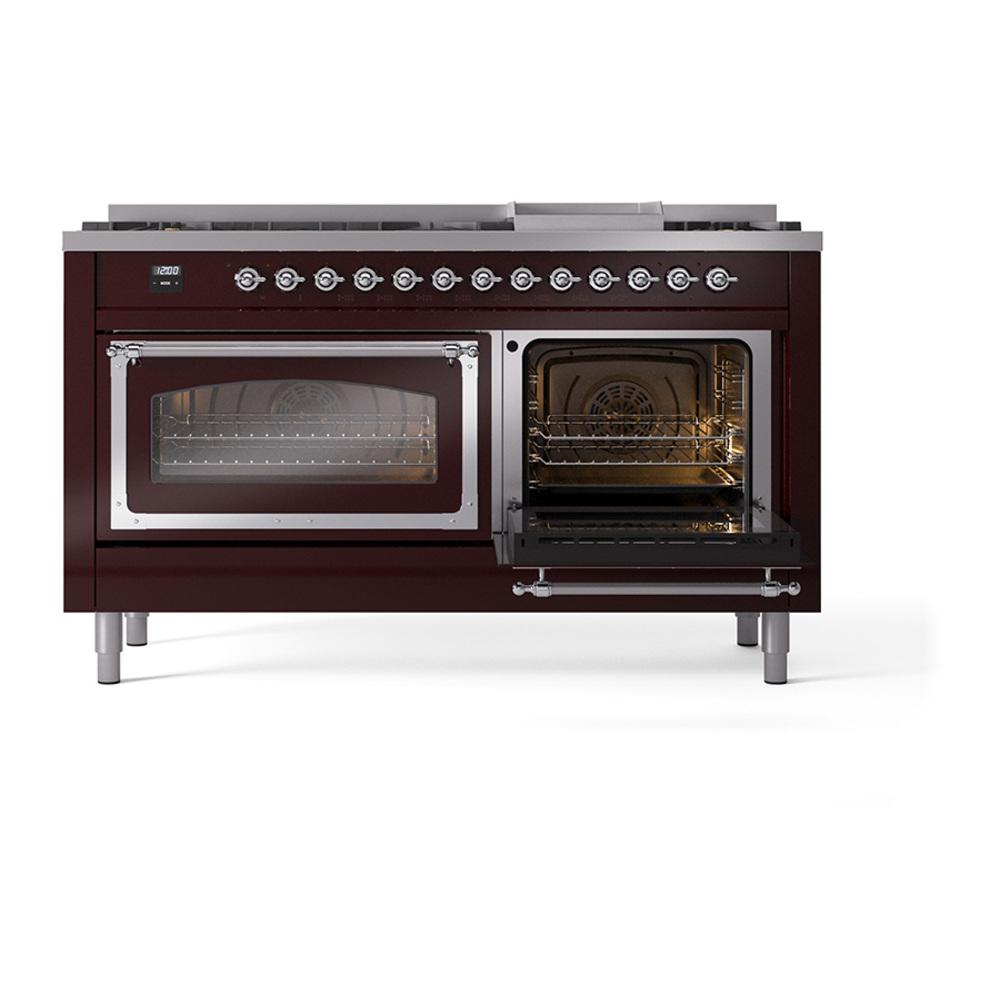 ILVE UN60FNMPBUC Nostalgie II Noblesse 60 inch Dual Fuel Range (9 Sealed Burners + Griddle, Natural Gas, Triple Glass Door, Burgundy, Chrome)