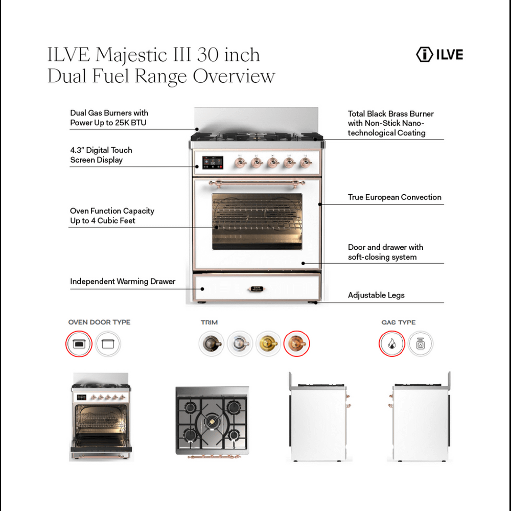ILVE UM30QNR3SSGLP Majestic III 30 inch Dual Fuel Range with 5 Black Brass Burners, Dual Function Burner up to 25,000 BTU (Liquid Propane, Solid Door, Stainless Steel, Brass)