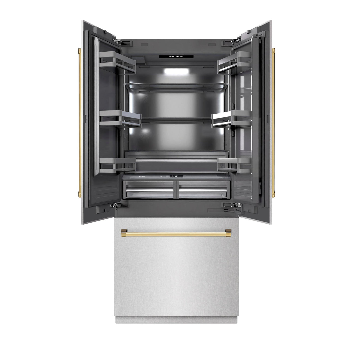 ZLINE Autograph Edition 36 in. 19.6 cu. ft. French Door Built-In Bottom Freezer Refrigerator with Water Dispenser and Ice Maker in DuraSnow' Stainless Steel with Graphite Gray Interior and Polished Gold Accents (GRBIVZ-SN-36-G)