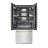 ZLINE Autograph Edition 36 in. 19.6 cu. ft. French Door Built-In Bottom Freezer Refrigerator with Water Dispenser and Ice Maker in DuraSnow' Stainless Steel with Graphite Gray Interior and Polished Gold Accents (GRBIVZ-SN-36-G)