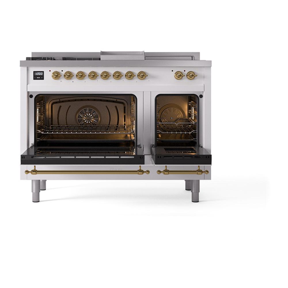 ILVE UN48FSNMPWHGLP Nostalgie II Noblesse 48 inch Dual Fuel Range (5 Sealed Burners + Griddle + French Top, Liquid Propane, Triple Glass Door, White, Brass)