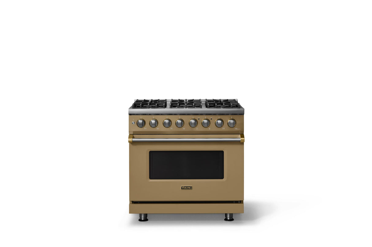 36"W. Dual Fuel Range (Burner: 6b, Finish: Golden Hour, Trim: Brushed Brass, Fuel: Natural Gas)