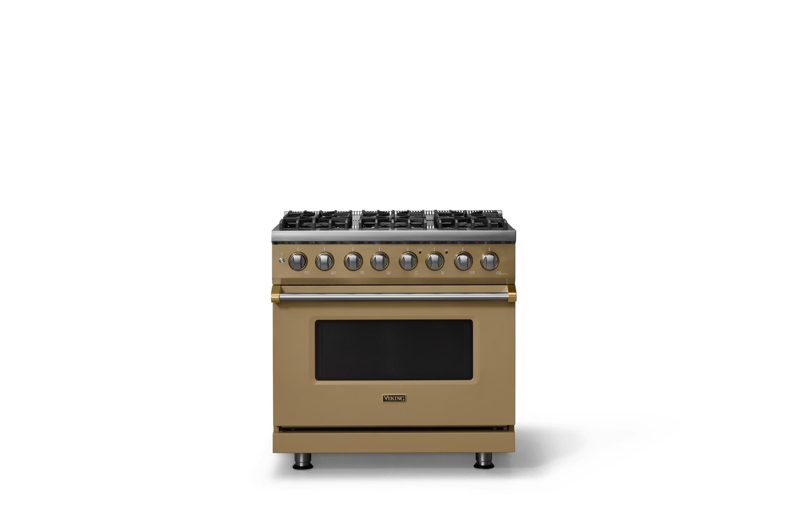 36"W. Dual Fuel Range (Burner: 6b, Finish: Golden Hour, Trim: Brushed Brass, Fuel: Natural Gas)