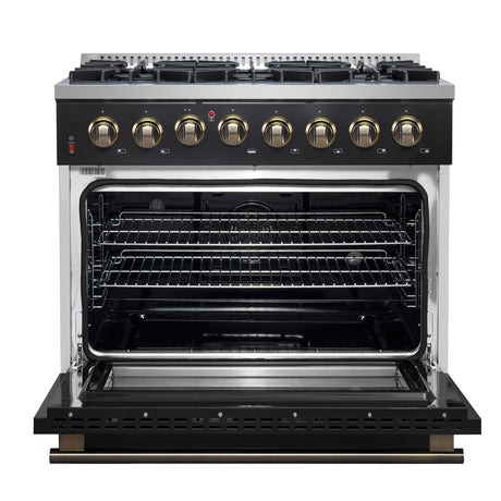 Forno Galiano 36-inch Dual Fuel Range in Black & Antique Brass Design, 6 Sealed Burners 83,000 BTU, 5.36 cu.ft. True Convection Oven