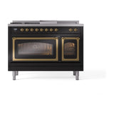 ILVE UN48FSNMPBKGLP Nostalgie II Noblesse 48 inch Dual Fuel Range (5 Sealed Burners + Griddle + French Top, Liquid Propane, Triple Glass Door, Glossy Black, Brass)