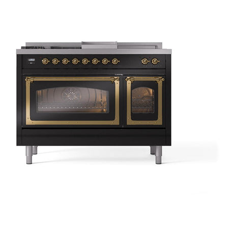 ILVE UN48FSNMPBKGLP Nostalgie II Noblesse 48 inch Dual Fuel Range (5 Sealed Burners + Griddle + French Top, Liquid Propane, Triple Glass Door, Glossy Black, Brass)