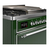 ILVE UM36FQNR3EGC Majestic III 36 inch Dual Fuel Range with 6 Black Brass Burners and Griddle, Dual Function Burner up to 25,000 BTU (Solid Door, Emerald Green, Chrome, Natural Gas)