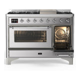 ILVE UM48FNR3SSC Majestic III 48 inch Dual Fuel Range with 8 Burners and Griddle, Dual Function Burner up to 25,000 BTU (Natural Gas, Triple Glass Door, Stainless Steel, Chrome)