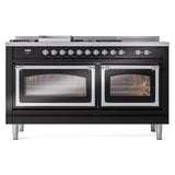ILVE UN60FSNMPBKC Nostalgie II Noblesse 60 inch Dual Fuel Range (7 Sealed Burners + Griddle + French Top, Natural Gas, Triple Glass Door, Glossy Black, Chrome)