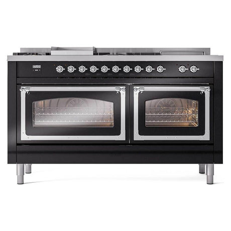 ILVE UN60FSNMPBKC Nostalgie II Noblesse 60 inch Dual Fuel Range (7 Sealed Burners + Griddle + French Top, Natural Gas, Triple Glass Door, Glossy Black, Chrome)
