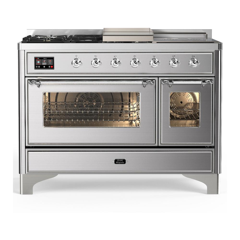 ILVE UM48FSNR3SSCLP Majestic III 48 inch Dual Fuel Range with 5 Black Brass Burners, Griddle and French Top, Dual Function Burner up to 25,000 BTU (Liquid Propane, Triple Glass Door, Stainless Steel, Chrome)