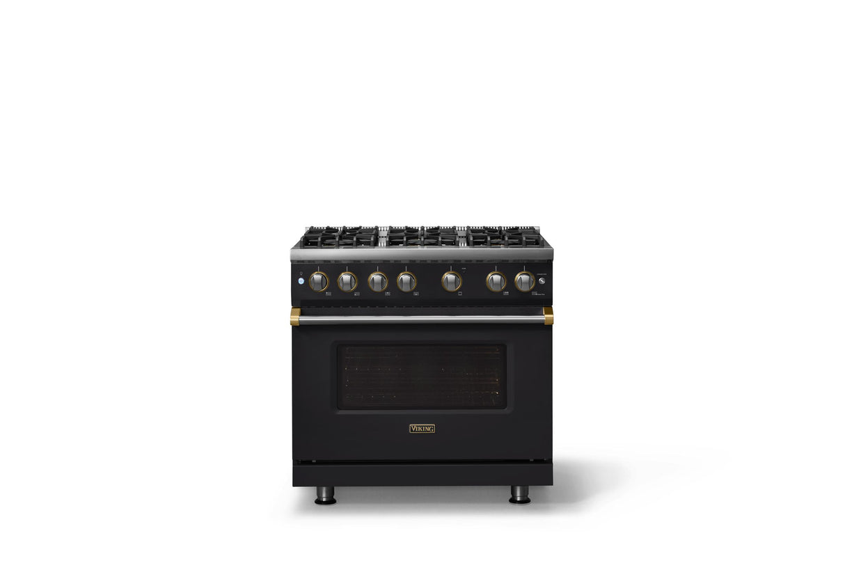 36"W. Sealed Burner Gas Range (Burner: 6b, Finish: Onyx, Trim: Brushed Brass, Fuel: Natural Gas)