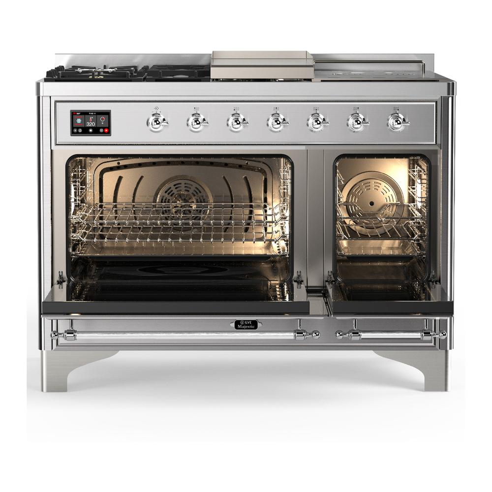 ILVE UM48FSQNR3SSCLP Majestic III 48 inch Dual Fuel Range with 5 Black Brass Burners, Griddle and French Top, Dual Function Burner up to 25,000 BTU (Liquid Propane, Solid Door, Stainless Steel, Chrome)