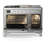ILVE UM48FSQNR3SSCLP Majestic III 48 inch Dual Fuel Range with 5 Black Brass Burners, Griddle and French Top, Dual Function Burner up to 25,000 BTU (Liquid Propane, Solid Door, Stainless Steel, Chrome)