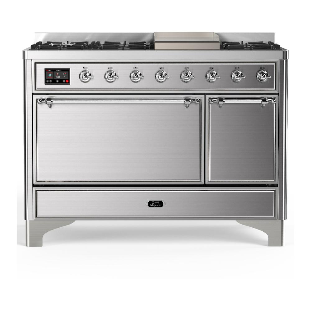 ILVE UM48FQNR3SSCLP Majestic III 48 inch Dual Fuel Range with 8 Burners and Griddle, Dual Function Burner up to 25,000 BTU (Liquid Propane, Solid Door, Stainless Steel, Chrome)