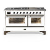 ILVE UM60FNR3WHB Majestic III 60 inch Dual Fuel Range with 9 Burners and Griddle, Dual Function Burner up to 25,000 BTU (Natural Gas, Triple Glass Door, White, Burnished)