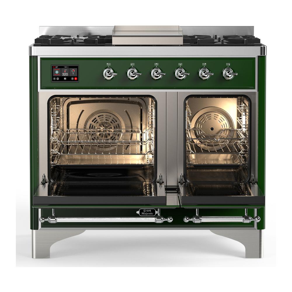 ILVE UMD40FNR3EGCLP Majestic III 40 inch Dual Fuel Range with 6 Burners and Griddle, Dual Function Burner up to 25,000 BTU (Liquid Propane, Triple Glass Door, Emerald Green, Chrome)