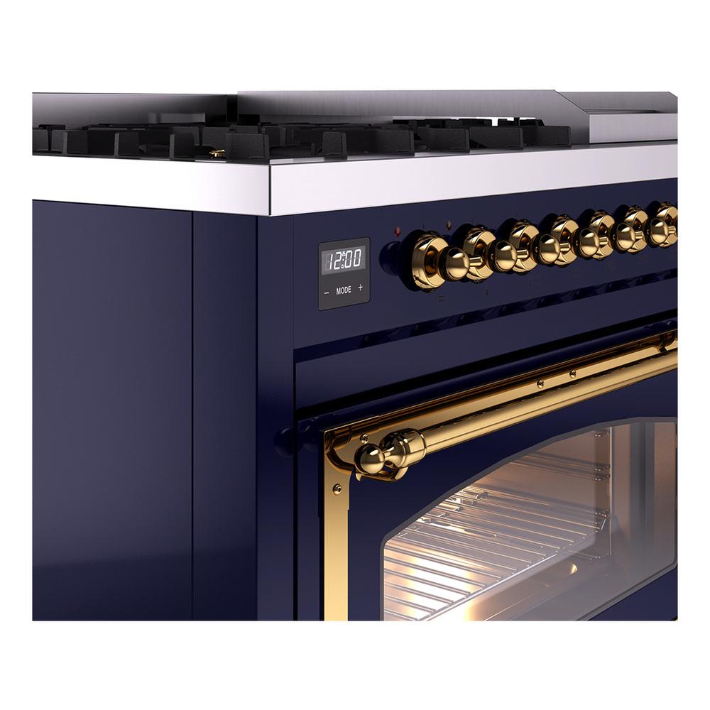 ILVE UN48FNMPMBG Nostalgie II Noblesse 48 inch Dual Fuel Range (8 Sealed Burners + Griddle, Natural Gas, Triple Glass Door, Midnight Blue, Brass)