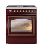 ILVE UN30NMPBUB Nostalgie II Noblesse 30 inch Dual Fuel Range (Natural Gas, Triple Glass Door, Burgundy, Burnished)