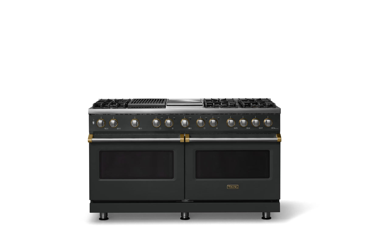 60"W.Dual Fuel Range (Finish: Antique Bronze, Trim: Brushed Brass, Fuel: Natural Gas)