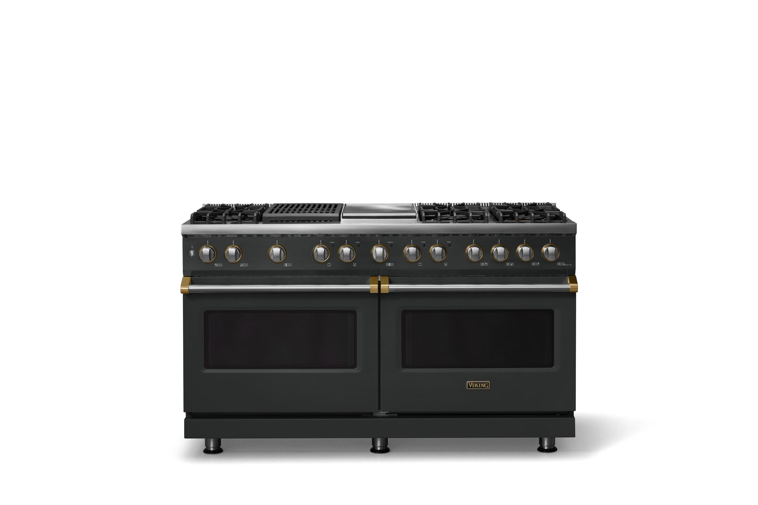 60"W.Dual Fuel Range (Finish: Antique Bronze, Trim: Brushed Brass, Fuel: Propane)