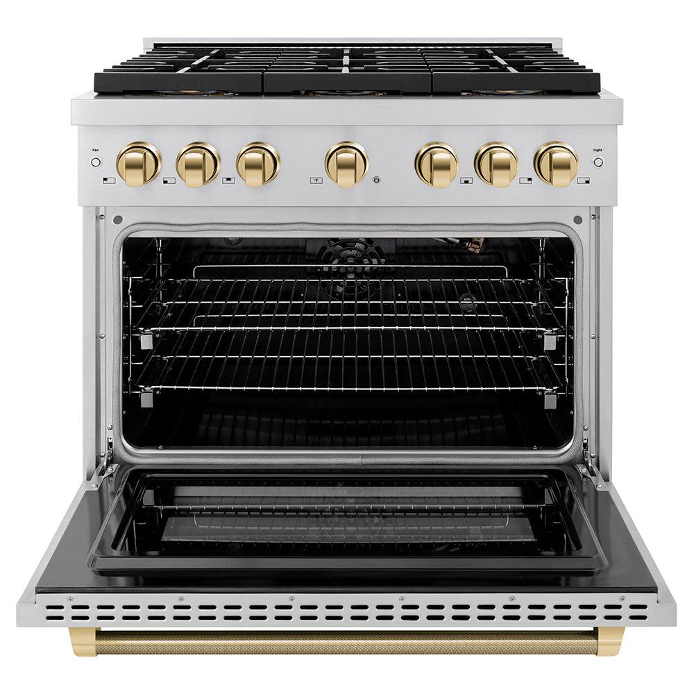 ZLINE Autograph Edition 36 in. 5.2 cu. ft. Paramount Gas Range with 6 Burner DuoPro? Cooktop and Convection Gas Oven in Stainless Steel with Champagne Bronze Helix Handle and Accents (PSGRZ-36-KCB)