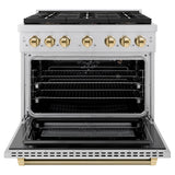 ZLINE Autograph Edition 36 in. 5.2 cu. ft. Paramount Gas Range with 6 Burner DuoPro? Cooktop and Convection Gas Oven in Stainless Steel with Champagne Bronze Helix Handle and Accents (PSGRZ-36-KCB)