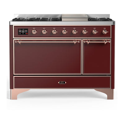 ILVE UM48FQNR3BUP Majestic III 48 inch Dual Fuel Range with 8 Burners and Griddle, Dual Function Burner up to 25,000 BTU (Natural Gas, Solid Door, Burgundy, Copper)