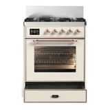 ILVE UM30NR3AWPLP Majestic III 30 inch Dual Fuel Range with 5 Black Brass Burners, Dual Function Burner up to 25,000 BTU (Liquid Propane, Triple Glass Door, Antique White, Copper)