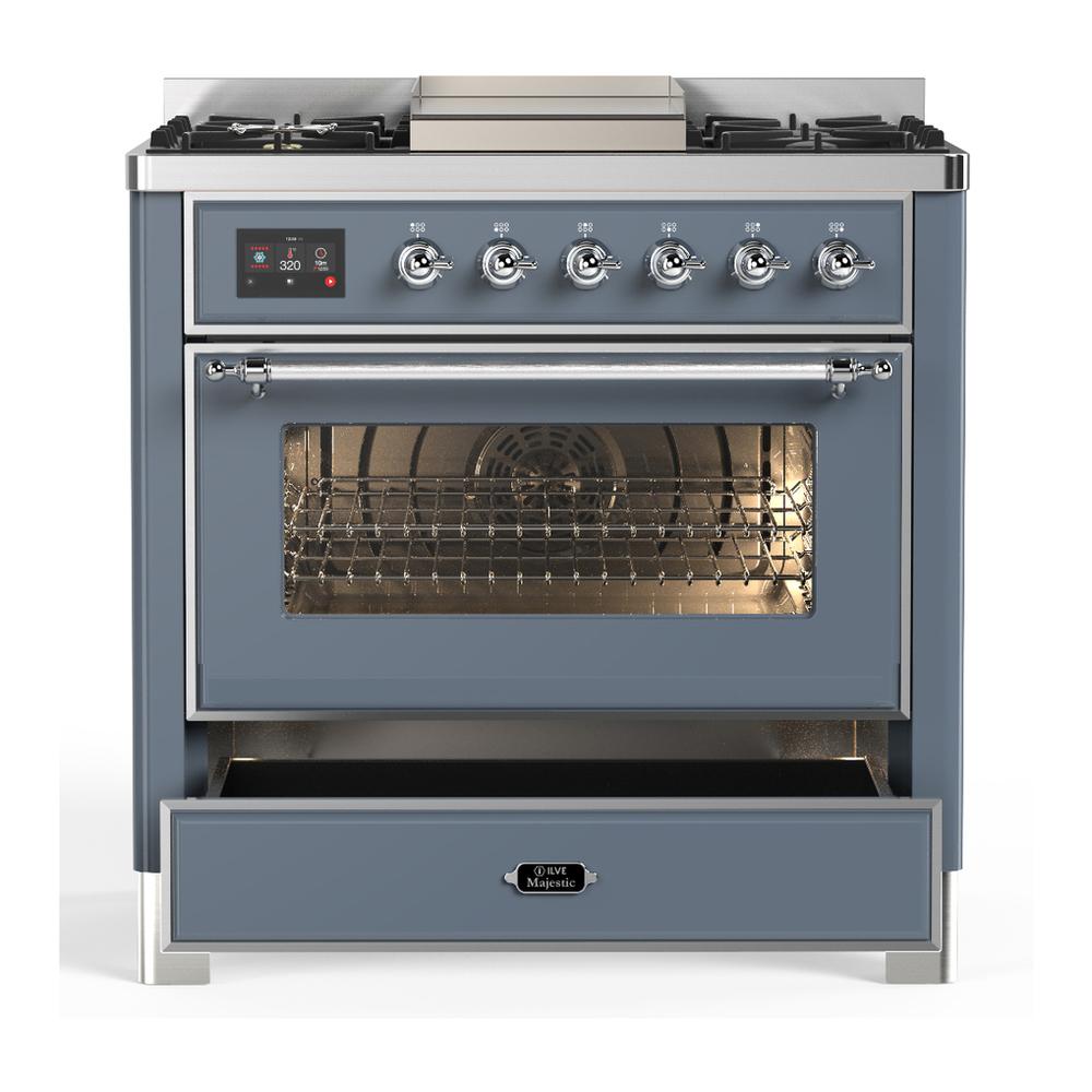ILVE UM36FNR3BGCLP Majestic III 36 inch Dual Fuel Range with 6 Black Brass Burners and Griddle, Dual Function Burner up to 25,000 BTU (Triple Glass Door, Blue Grey, Chrome, Liquid Propane)