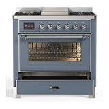 ILVE UM36FNR3BGCLP Majestic III 36 inch Dual Fuel Range with 6 Black Brass Burners and Griddle, Dual Function Burner up to 25,000 BTU (Triple Glass Door, Blue Grey, Chrome, Liquid Propane)