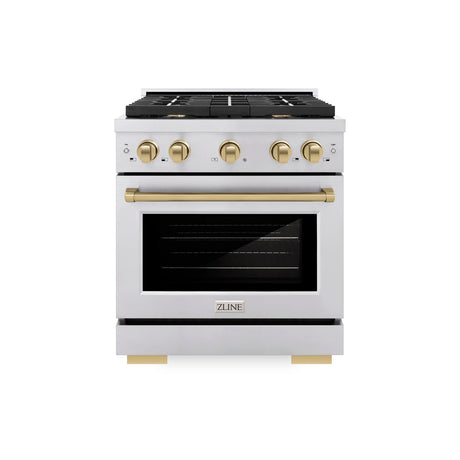 ZLINE Autograph Edition 30 in. 4.2 cu. ft. 4 Burner Gas Range with Convection Gas Oven in Stainless Steel and Champagne Bronze Accents (SGRZ-30-CB)