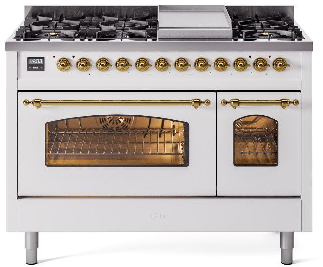 Nostalgie II 48 Inch Dual Fuel Natural Gas Freestanding Range in White with Brass Trim