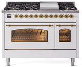 Nostalgie II 48 Inch Dual Fuel Natural Gas Freestanding Range in White with Brass Trim