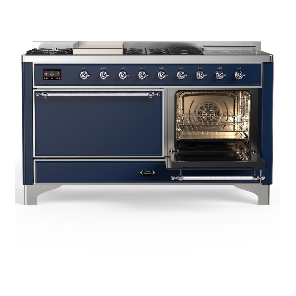 ILVE UM60FSQNR3MBC Majestic III 60 inch Dual Fuel Range with 7 Burners, Griddle and French Top, Dual Function Burner with up to 25,000 BTU (Natural Gas, Solid Door, Midnight Blue, Chrome)