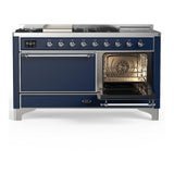 ILVE UM60FSQNR3MBC Majestic III 60 inch Dual Fuel Range with 7 Burners, Griddle and French Top, Dual Function Burner with up to 25,000 BTU (Natural Gas, Solid Door, Midnight Blue, Chrome)
