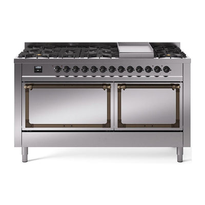 ILVE UN60FQNMPSSB Nostalgie II Noblesse 60 inch Dual Fuel Range (9 Sealed Burners + Griddle, Natural Gas, Solid Door, Stainless Steel, Burnished)