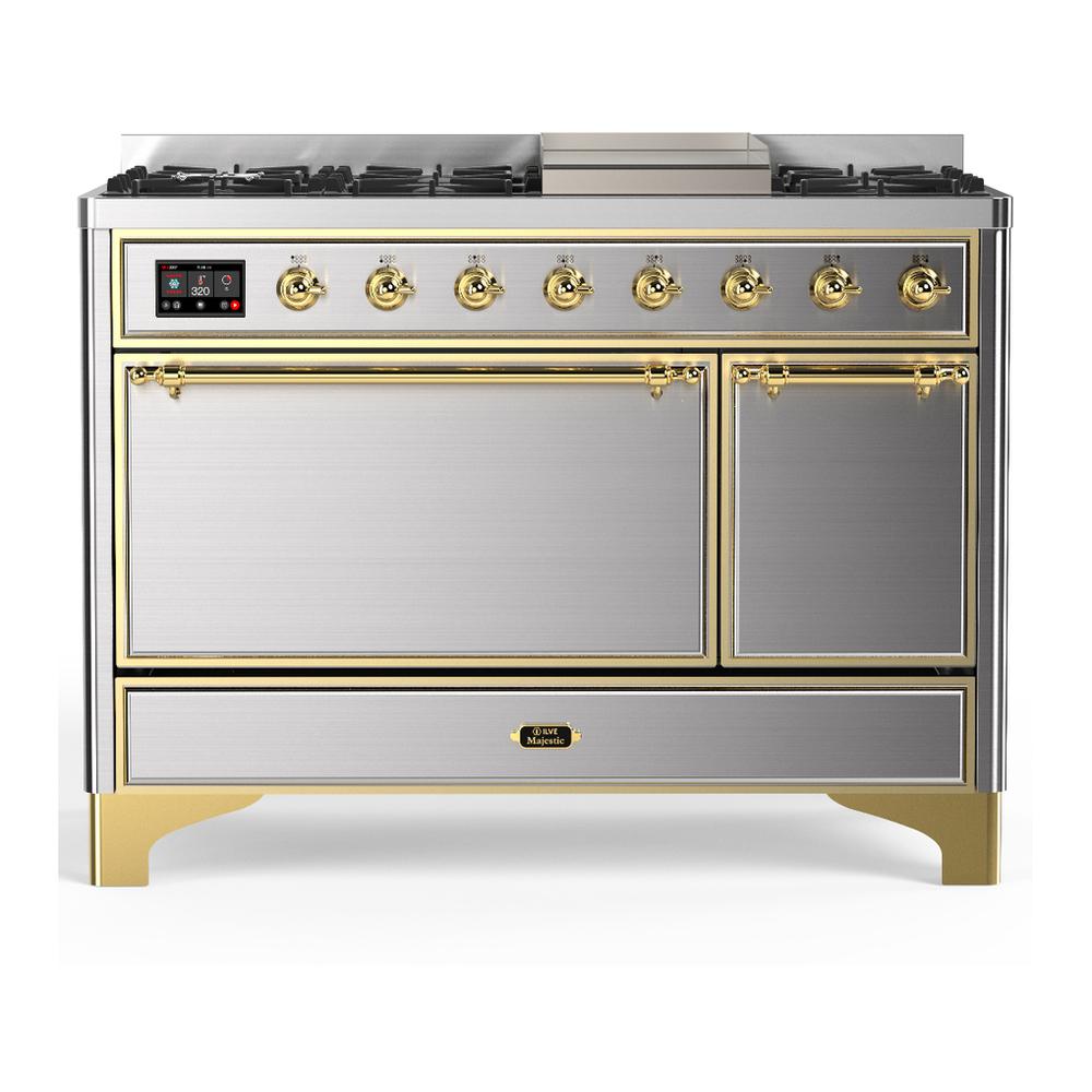 ILVE UM48FQNR3SSG Majestic III 48 inch Dual Fuel Range with 8 Burners and Griddle, Dual Function Burner up to 25,000 BTU (Natural Gas, Solid Door, Stainless Steel, Brass)