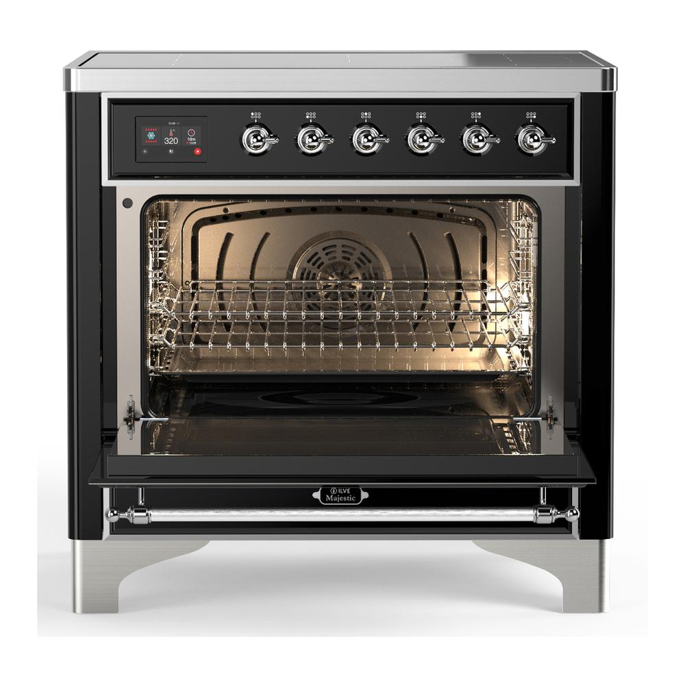 ILVE UMIB36QNR3BKC Majestic III 36 inch Induction Range with 6 Elements, 3.5 cu. ft. Total Oven Capacity (Solid Door, Glossy Black, Chrome)